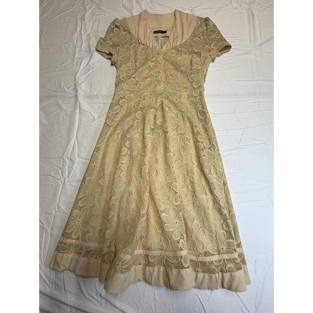 Country Chic Miusol Dress Custard Yellow Floral Lace  Mid Century Inspired Midi